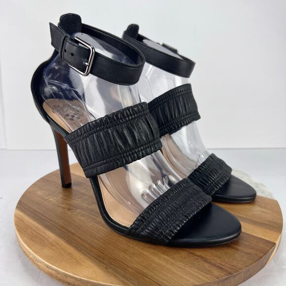 VINCE CAMUTO Leather KANITTA Black Ankle Strap Open Toes Stiletto Heels Size 9.5 - Picture 1 of 11